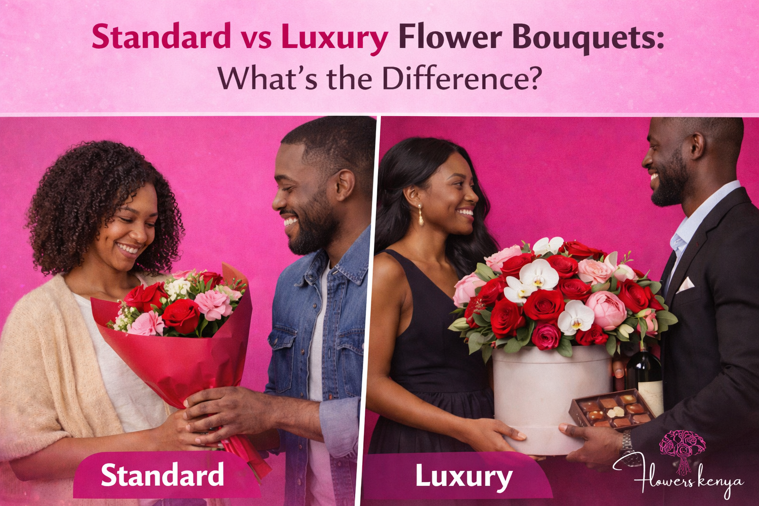 Couples exchanging standard bouquet and luxury flower box, showing size, design, and gifting differences clearly