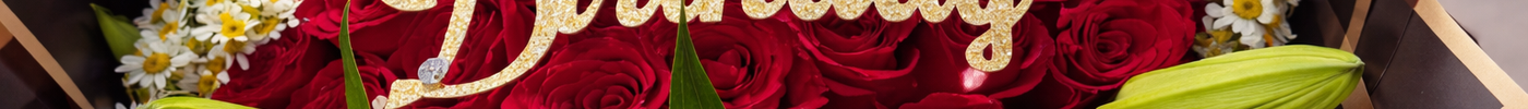 Red rose birthday bouquet with white daisies and green lily buds, featuring a gold “Happy Birthday” topper and elegant wrapping.