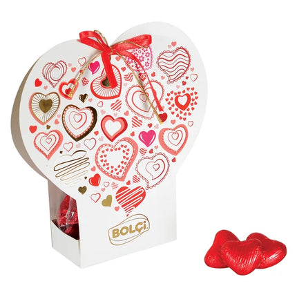 Love themed heart chocolates box with assorted chocolates in heart-shaped gift packaging.