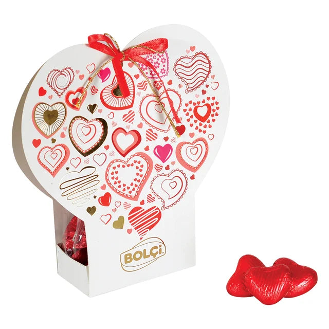Love themed heart chocolates box with assorted chocolates in heart-shaped gift packaging.