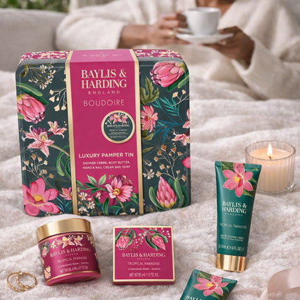 Baylis & Harding luxury pamper tin gift set with floral design, featuring shower creme, body butter and soap