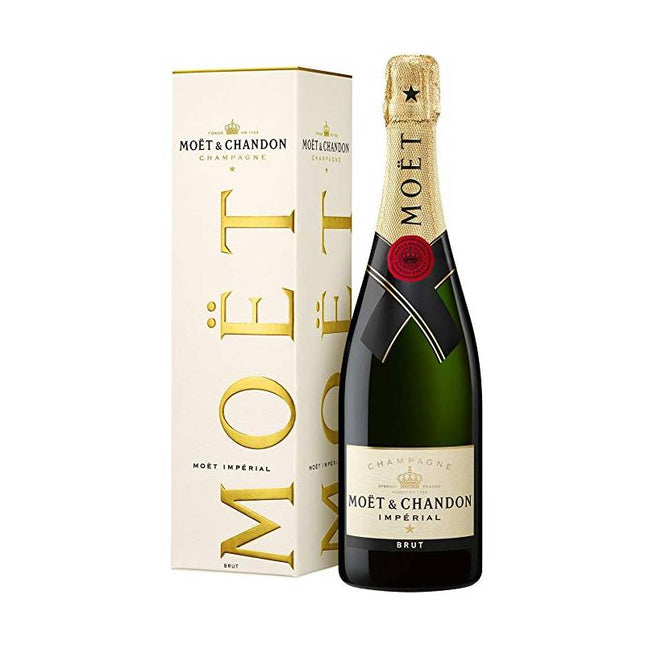 Moët & Chandon Imperial Brut champagne bottle with gold label and branded gift box.