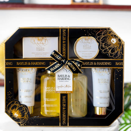 Baylis and Harding luxury gift set with body care products in black and gold keepsake box with ribbon packaging