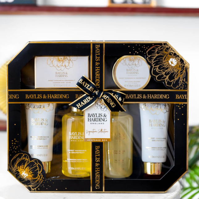 Baylis and Harding luxury gift set with body care products in black and gold keepsake box with ribbon packaging