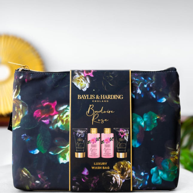 Luxury wash bag with Baylis & Harding Boudoire Rose toiletries in floral cosmetic pouch.