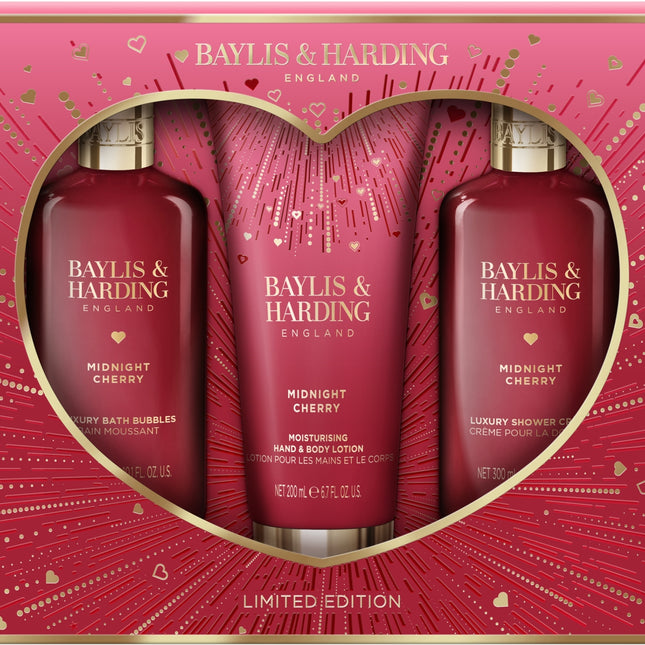 Luxury gift hamper with Baylis & Harding midnight cherry bath, body lotion, and shower set in red packaging.