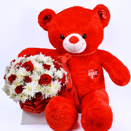 Amor X Teddy gift set with red teddy bear and bouquet of red roses and white chrysanthemums.