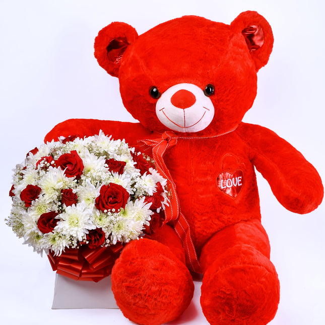 Amor X Teddy gift set with red teddy bear and bouquet of red roses and white chrysanthemums.