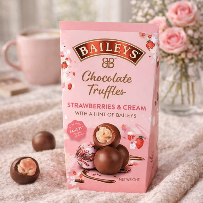 Baileys strawberries and cream chocolate truffles in pink box with soft cosy background and roses nearby