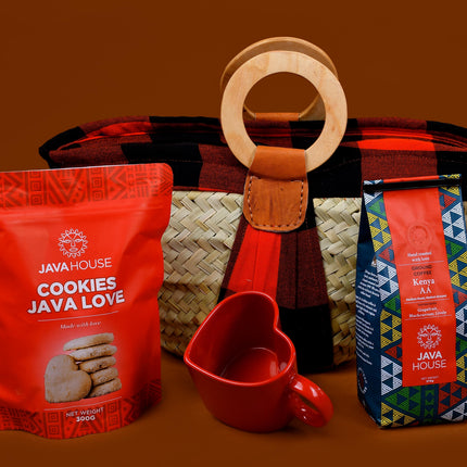 The Java Love Package with cookies, gift basket, and red heart mug in a themed gift set.