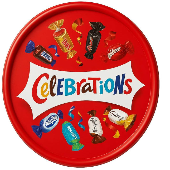 Celebrations chocolate tub with assorted individually wrapped favourites in red container, ideal for sharing and gifting