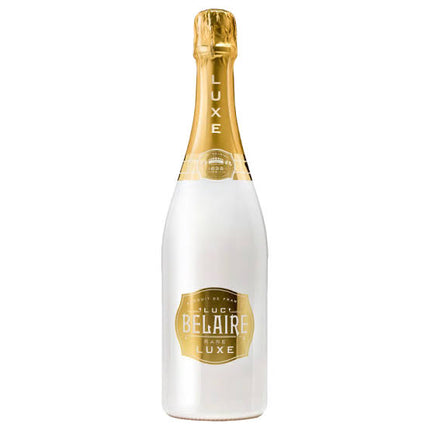 Luc Belaire Luxe White champagne bottle with gold foil neck and white frosted glass design.