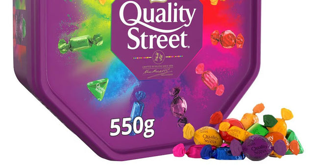 Quality Street assorted chocolates box 550g with colourful wrapped sweets on purple packaging