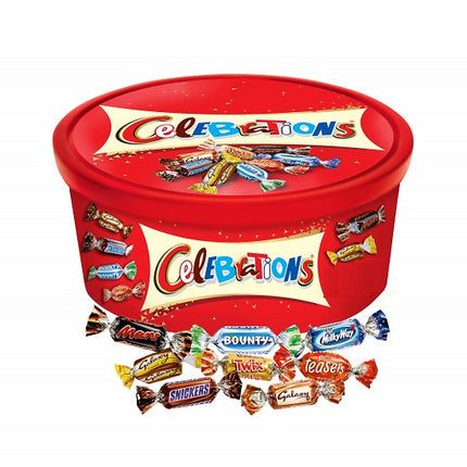 Celebrations assorted chocolate tub with mixed mini bars including Mars, Snickers and Galaxy, perfect for parties and treats