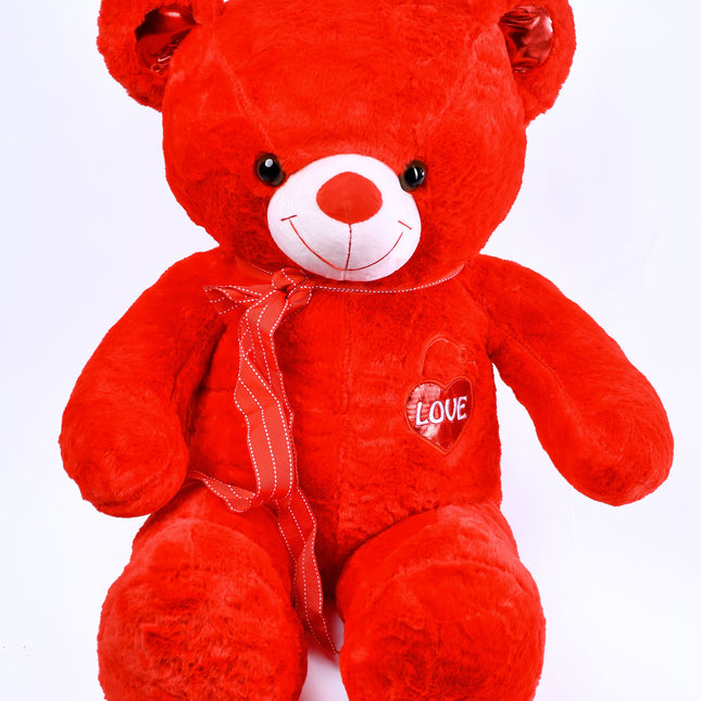 100cm red teddy bear with soft plush fabric, ribbon, and love heart detail on chest.