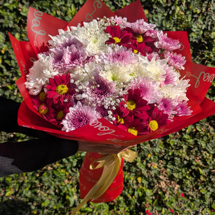 Cherish bouquet with mixed chrysanthemums in red wrap and ribbon, arranged for a vibrant floral gift.